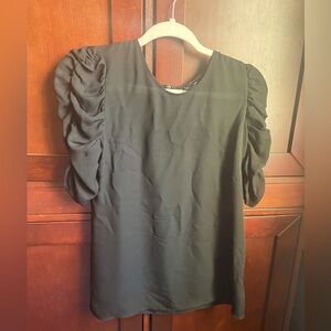 Theory 100% Silk Black Blouse Ruffle Sleeve Zipper Closure Size Small